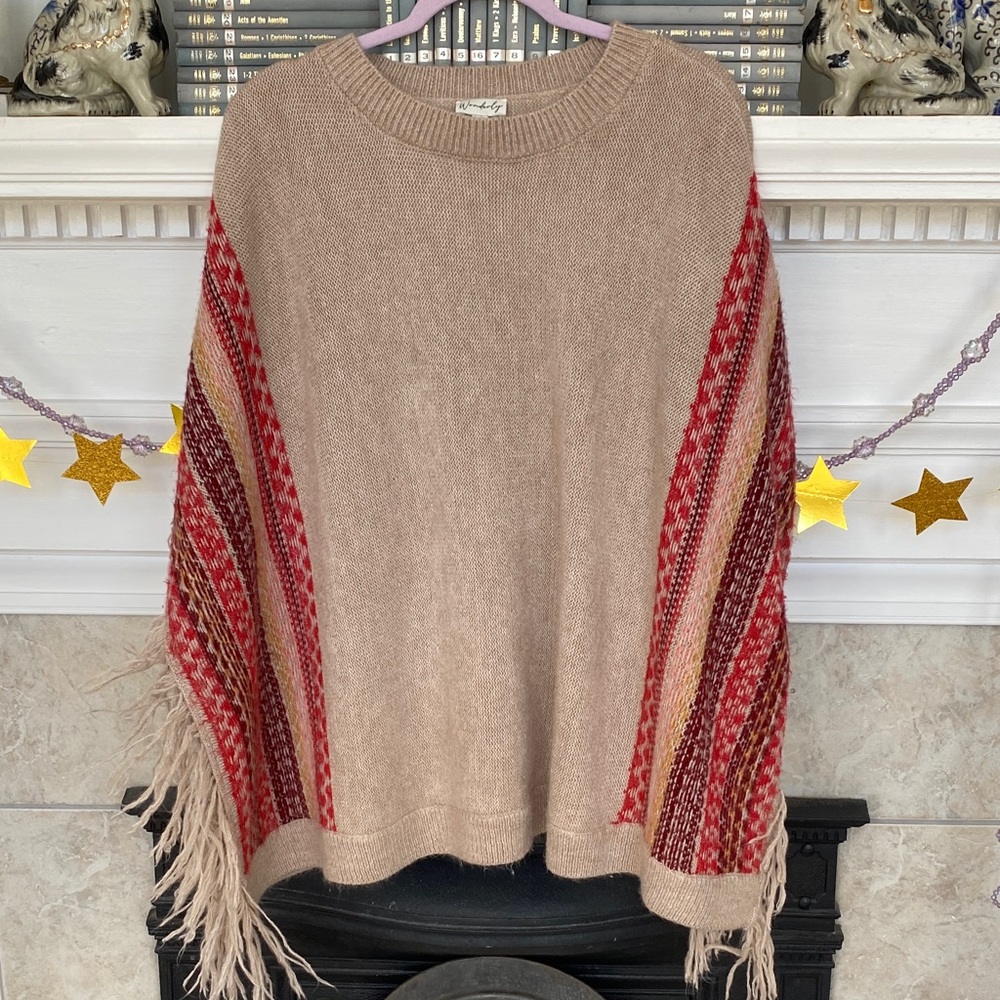 Wonderly Beige and Red Patterned Poncho